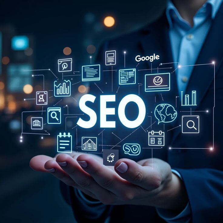 SEO letters floating on a hand of a person wearing a black suit near the letters so many other small digital icons are floating